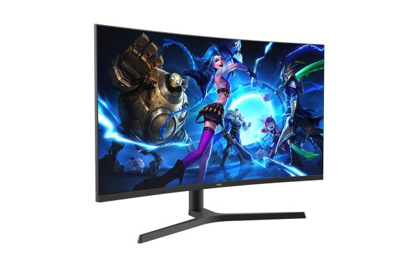Monitor curvo NPC 32" QHD en perspectiva sobre base con pie en V